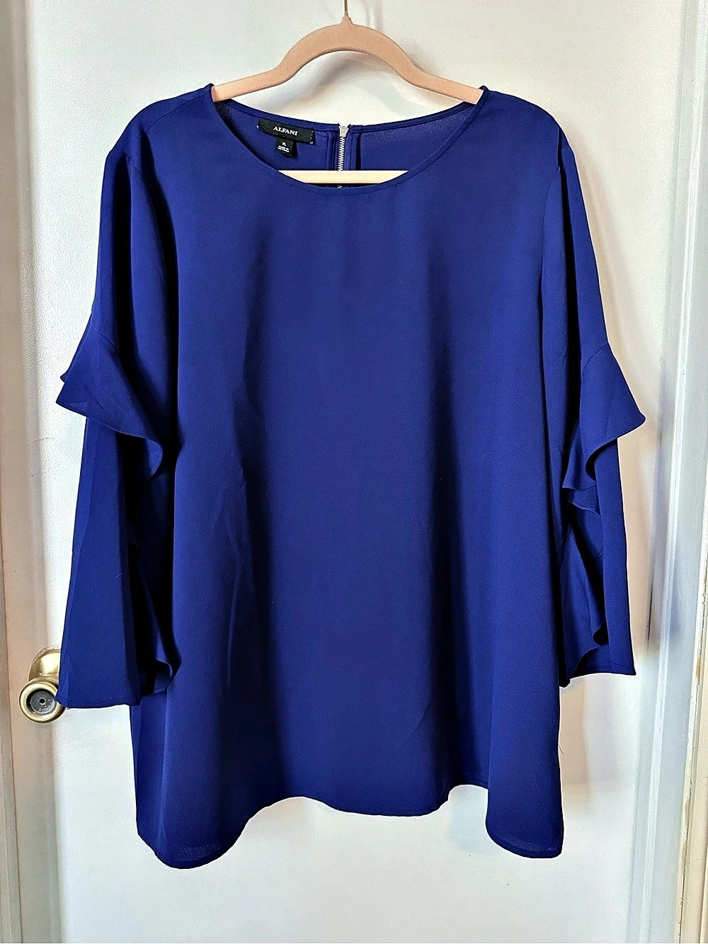 ALFANI Ruffled-Sleeve Zip-Back Top Blue Ruffle Blouse XL